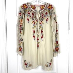 JOHNNY WAS Emily Embroidered Tunic Top Blouse Size S 100% Cupra Rayon